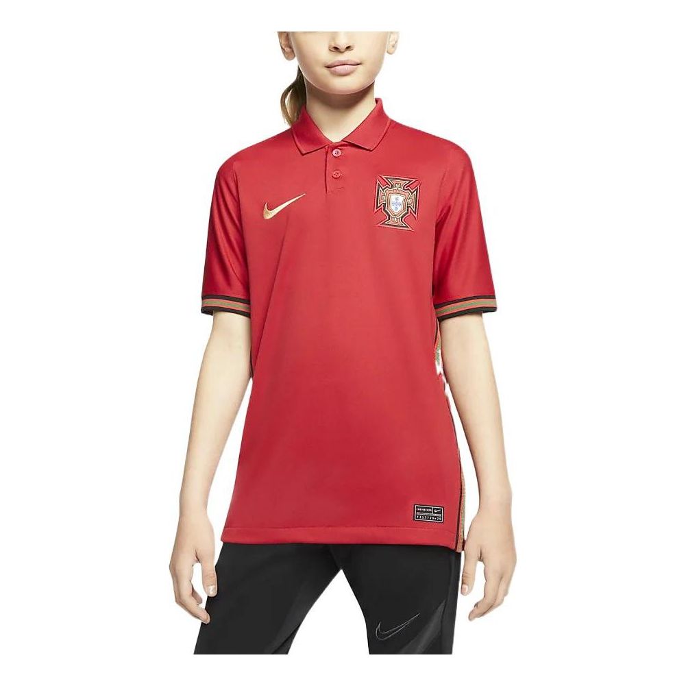(GS) Nike Portugal 2020 Sports Home Solid Color Stripe Embroidered Short Sleeve Boy Girls Red Polo Shirt CD1040-687