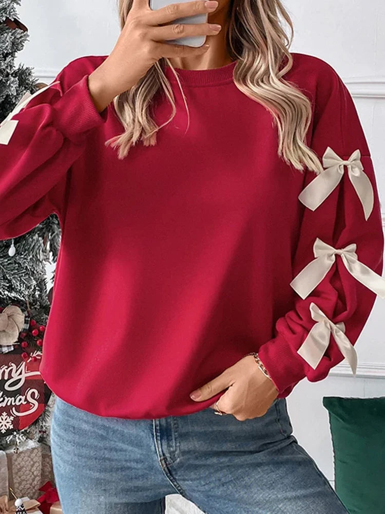 Women's Round Neck Bow Detail Christmas Sweatshirt