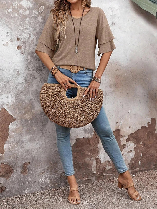 Womens Top Ruffle Sleeve Blouses V Neck T Shirts Casual Outfit Bell Sleeve Tee