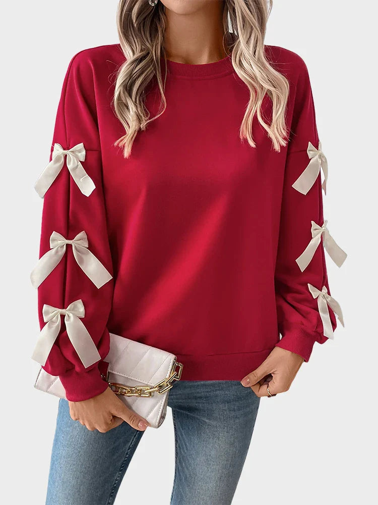 Women's Round Neck Bow Detail Christmas Sweatshirt