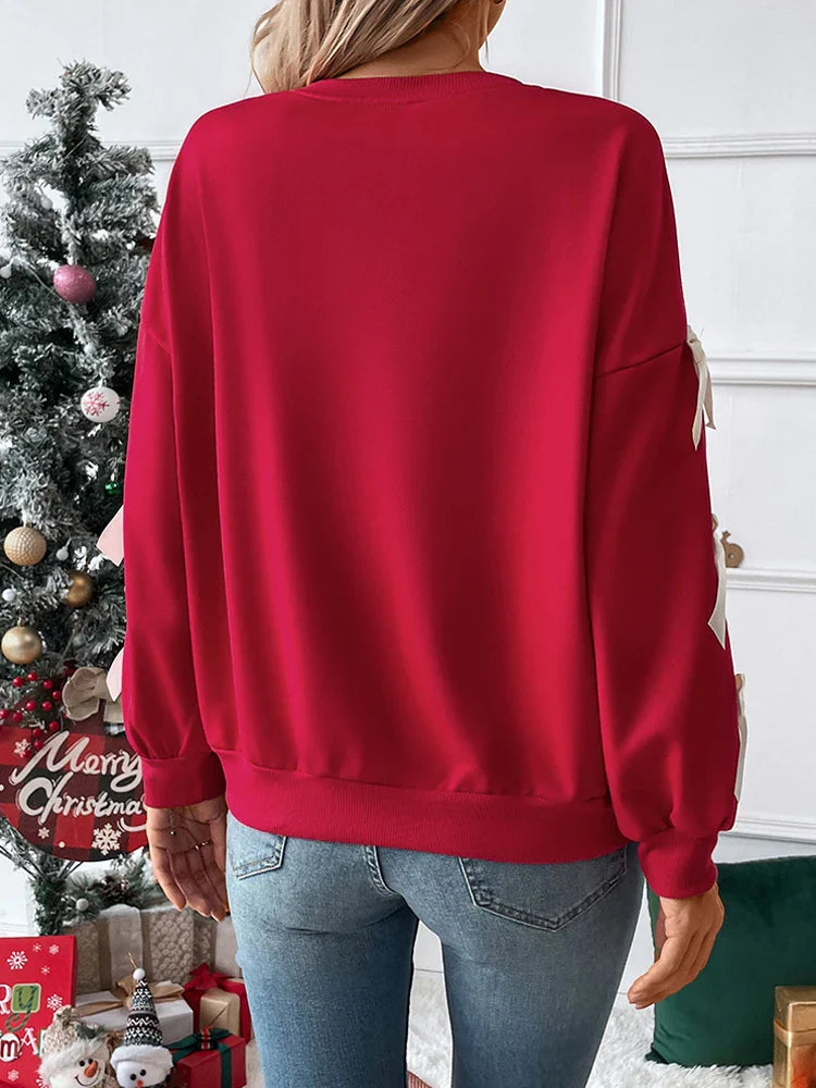 Women's Round Neck Bow Detail Christmas Sweatshirt