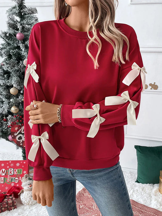 Women's Round Neck Bow Detail Christmas Sweatshirt