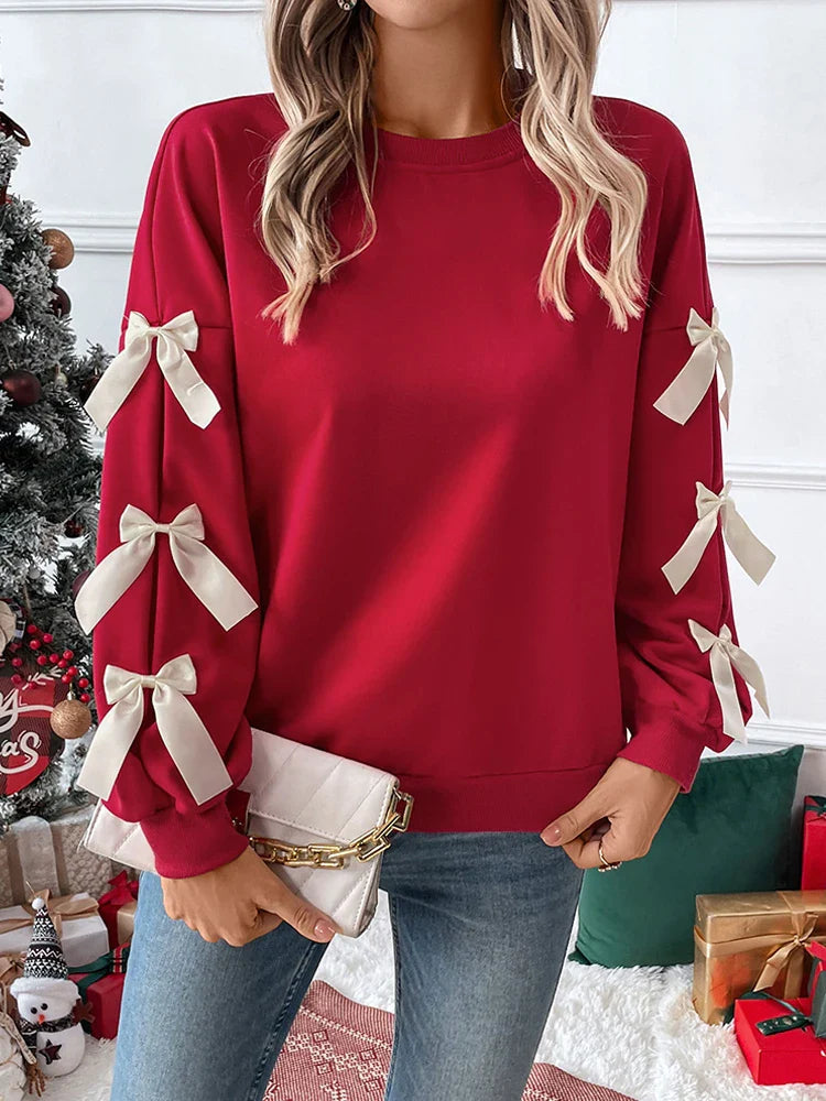Women's Round Neck Bow Detail Christmas Sweatshirt