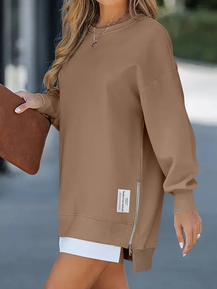 Long Sleeve Drop Shoulder Pullover Casual Zipper Side Slit Top