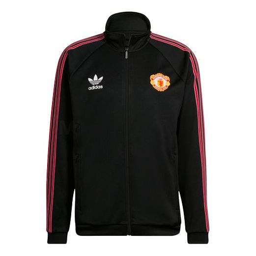 Men's adidas originals SS22 Manchester United Sports Stripe Logo Stand Collar Jacket Black HP0454