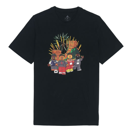 Men's adidas x LEGO Crossover Cartoon Character Great Wall Pattern Printing Round Neck Casual Short Sleeve Black T-Shirt HE0864