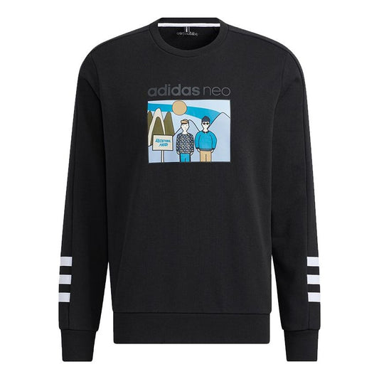 Men's adidas neo Sw Ft Gr Sw Funny Printing Sports Round Neck Pullover Black HA1487