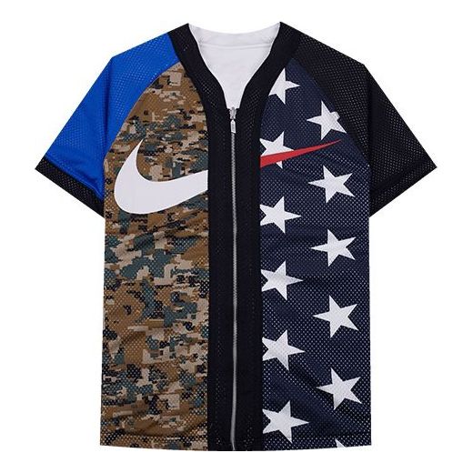 Men's Nike Lab NRG Fog Baseball Top Zipper Double Sided Baseball Uniform Short Sleeve Jacket Camouflage Blue Black AV8269-010