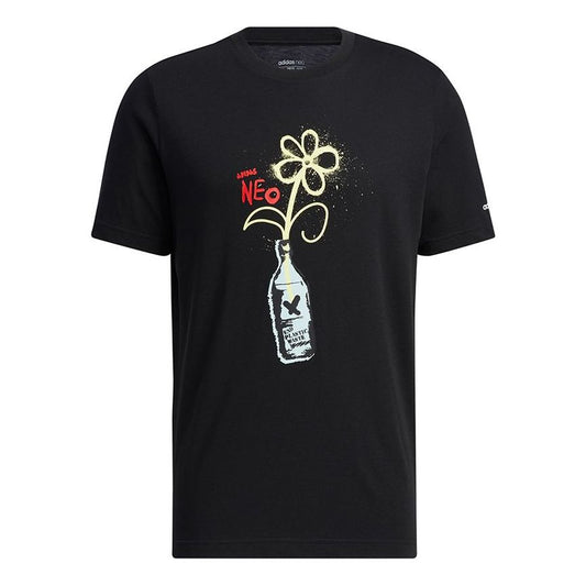 adidas neo M July Tee 1 Cartoon Printing Sports Round Neck Short Sleeve Black HF0463