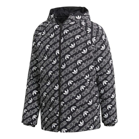 adidas originals Monogram JKT Full Print logo Reversible Stay Warm hooded down Jacket Black White DP8561